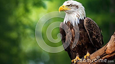 Realistic Bald Eagle Portrait On Wood Branch With Green Background Stock Photo