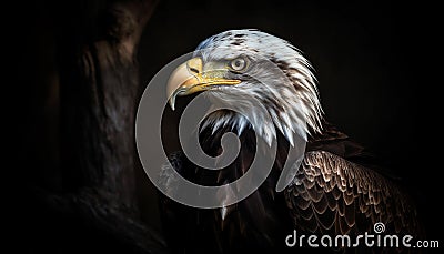 Bald eagle perching on branch, majestic hunter generated by AI Stock Photo