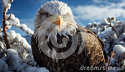 Bald eagle perching on branch, majestic hunter in nature generated by AI Stock Photo