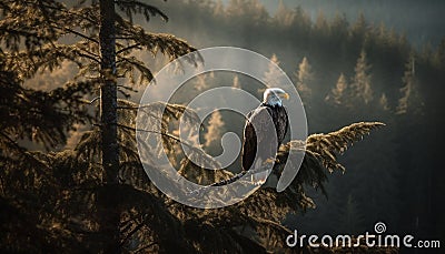 Bald eagle perching on branch, majestic hunter in tranquil scene generated by AI Stock Photo