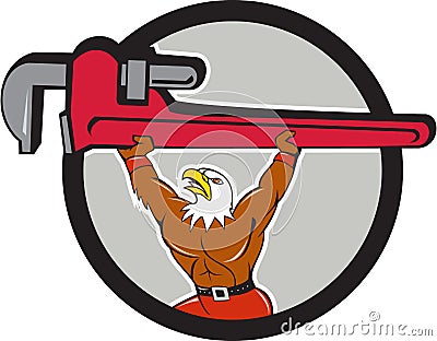 Bald Eagle Plumber Monkey Wrench Circle Cartoon Vector Illustration