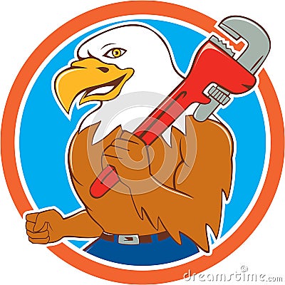 Bald Eagle Plumber Monkey Wrench Circle Cartoon Vector Illustration