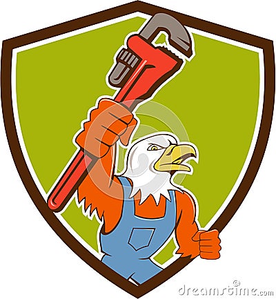 Bald Eagle Plumber Monkey Wrench Crest Cartoon Vector Illustration