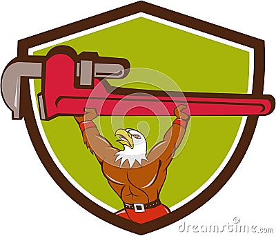 Bald Eagle Plumber Monkey Wrench Shield Cartoon Vector Illustration