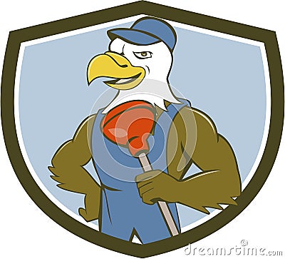 Bald Eagle Plumber Plunger Crest Cartoon Vector Illustration