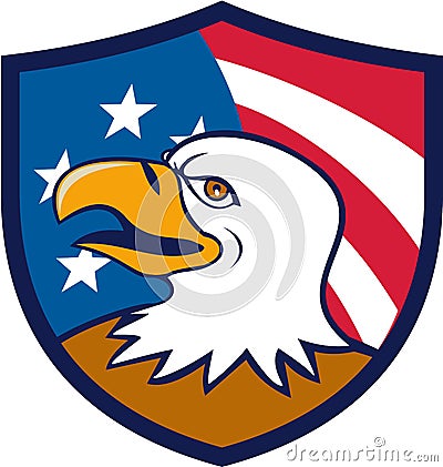 Bald Eagle Smiling USA Flag Crest Cartoon Vector Illustration