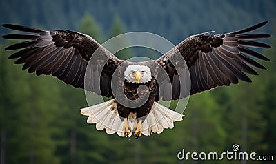 Bald Eagle Spreads Wings in Front of Forest Stock Photo