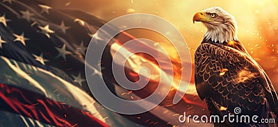 Bald eagle standing against an American Flag background. US Independence Day or July 4th background Stock Photo