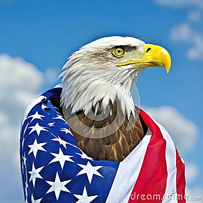 Bald Eagle Wrapped With American Flag Wrap Stock Photo