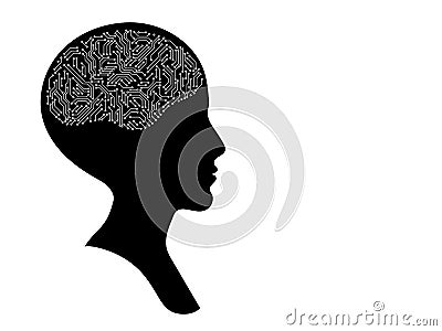Bald female head profile silhouette with printed circuit board brain, black and white artificial intellect concept Vector Illustration