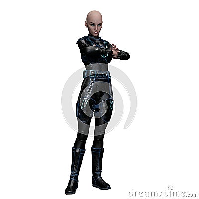 Bald Fierce Scifi Woman Standing with Turquoise Hair, 3D Illustration, 3D rendering Stock Photo