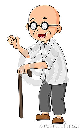 The bald grandfather is using a walking stick and hand waving Vector Illustration