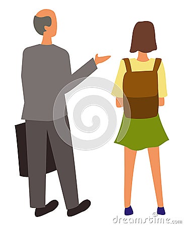 Bald Grandfather and Young Girl Backpack Isolated Vector Illustration