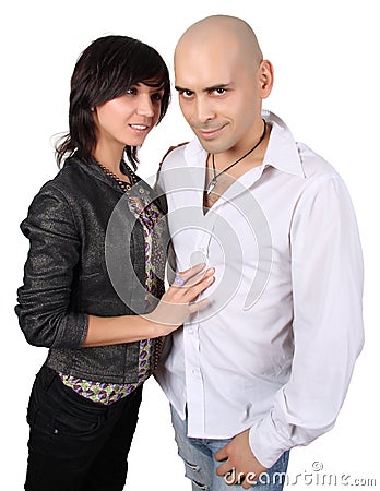 Bald handsome man and pretty brunette Stock Photo