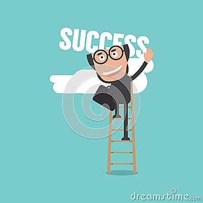 Bald Head Businessman Climb Up Fixed Ladder To Reach Success Vector Illustration