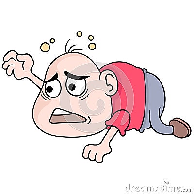 The bald man with the limp face was crawling for help, doodle icon image kawaii Vector Illustration