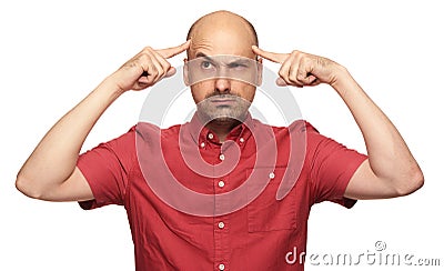 Bald man thinking hard about problems Stock Photo