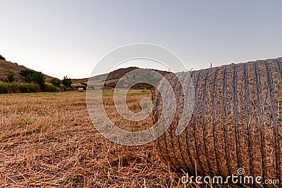 Bale of hay close-up during Golden hour, with hills in the background Stock Photo