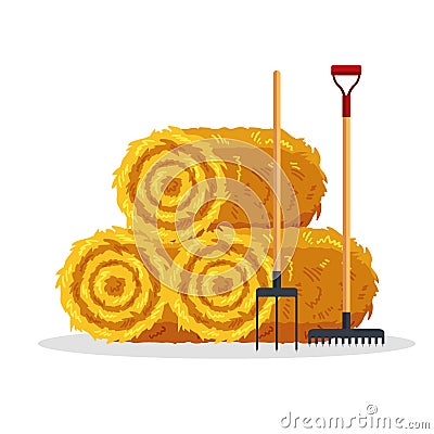 Bale of hay isolated on white background. Flat dried haystack with forks and rake, farming haymow bale hayloft Vector Illustration