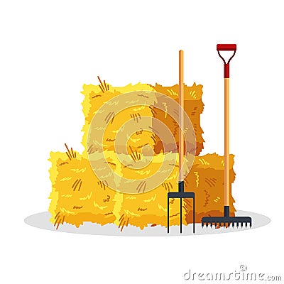 Bale of hay isolated on white background. Flat dried haystack with forks and rake, farming haymow bale hayloft Vector Illustration