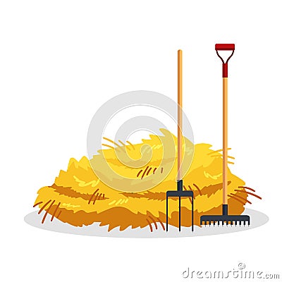 Bale of hay isolated on white background. Flat dried haystack with forks and rake, farming haymow bale hayloft Vector Illustration