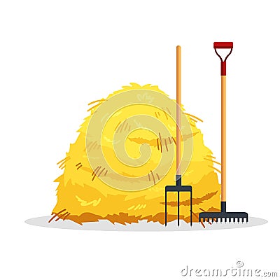 Bale of hay isolated on white background. Flat dried haystack with forks and rake, farming haymow bale hayloft Vector Illustration