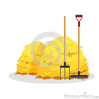 Bale of hay isolated on white background. Flat dried haystack with forks and rake, farming haymow bale hayloft Vector Illustration