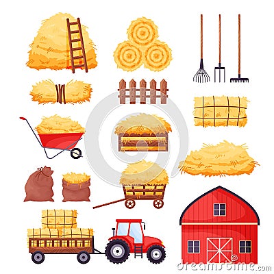 Bale of hay set. Farm barn, tractor, fence, pitchfork, rake, wheelbarrow isolated on white background. Flat dried Vector Illustration