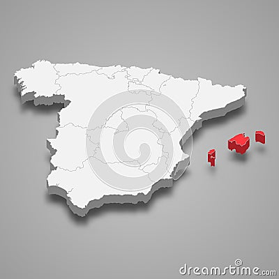 Balearic Islands region location within Spain 3d map Vector Illustration
