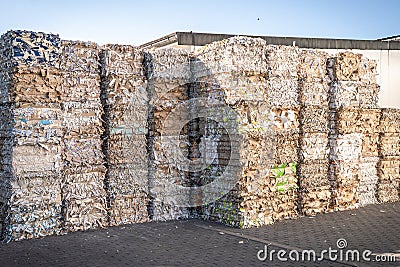 Bales of cardboard and box board with strapping wire ties Stock Photo