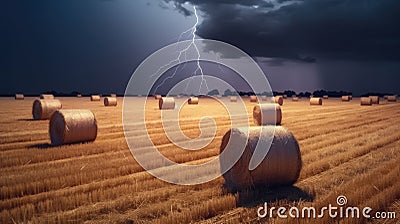 Bales of hay on the field during a lightning storm. Force of nature landscape. Agricultural field with straw bales and lightning Stock Photo