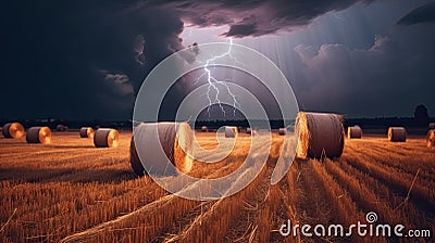 Bales of hay on the field during a lightning storm. Force of nature landscape. Agricultural field with straw bales and lightning Stock Photo