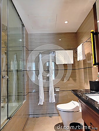 Bali, 15 April 2024. A photo of bathroom in the hotel. Nice and clean set up. Editorial Stock Photo