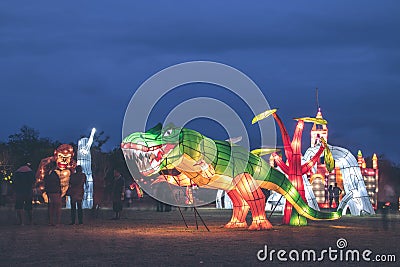 BALI, INDONESIA - JULY 8, 2017: Light festival on Bali island. Paper sculpture shining in the dark at a Asian lantern Editorial Stock Photo