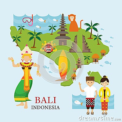 Bali, Indonesia Map with Travel and Attraction Vector Illustration