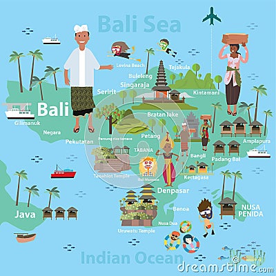 Bali Indonesia map and travel Vector Illustration