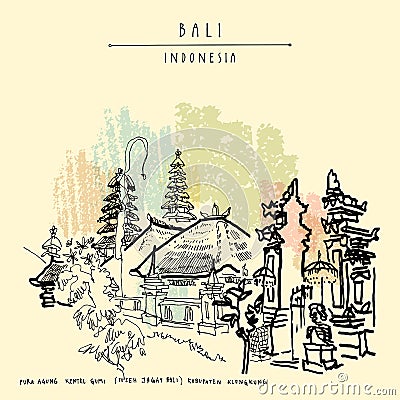 Bali, Indonesia. Vector hand drawn postcard Cartoon Illustration