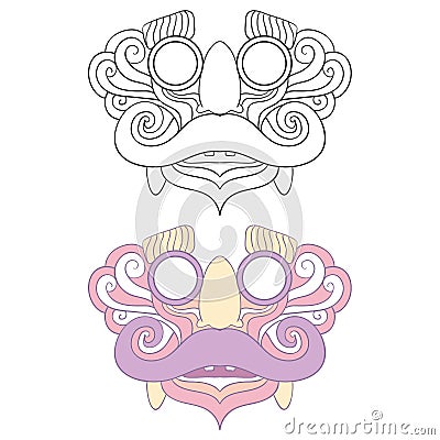 Bali Mask in Pastel Color and Black Line Art Mask Vector Illustration