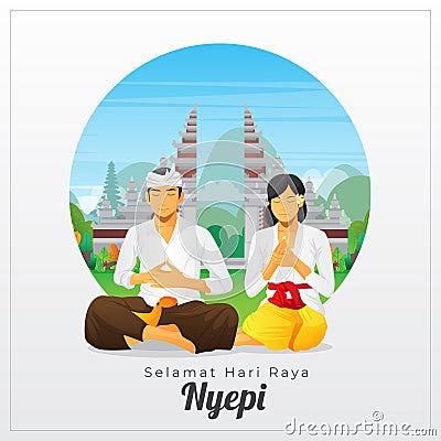 Bali silent day greeting card with meditate couple Vector Illustration