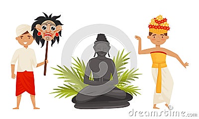 Bali Traditional Dance and Traditions Symbols Vector Set. Man Holding Mask and Woman Dancing Vector Illustration