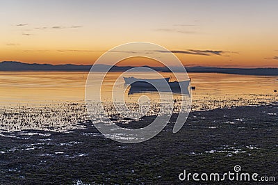 Balikesir Lake Manyas at sunset boats reflection Stock Photo