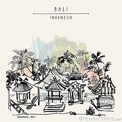 Candidasa, Bali, Indonesia. Vector hand drawn postcard Vector Illustration