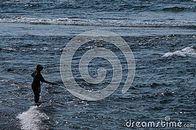 A Balinese fisherman pulling in his net Editorial Stock Photo