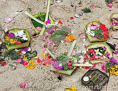 Daily balinese hindu offerings to gods on Bali island in Indonesia Stock Photo