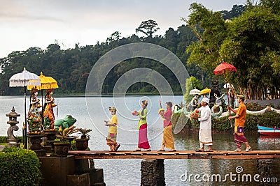 Balinese Hindus at Pura Ulun Danu Beratan Temple in Bali, Indonesia Editorial Stock Photo