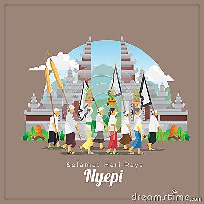 Balinese Nyepi greetings card with people and ceremonial tool infront of gate Vector Illustration