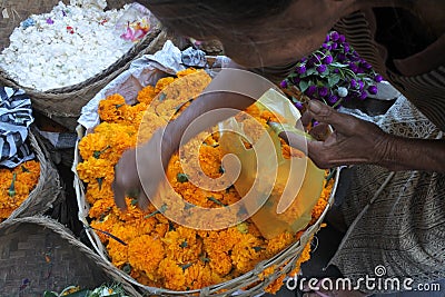 Balinese woman buying marigold flowers for offering at Ubud Market in Bali Indonesia Editorial Stock Photo