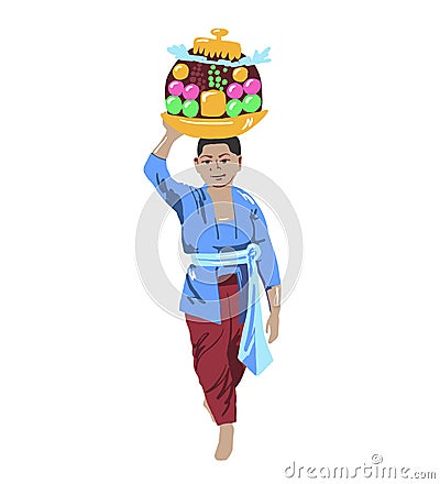A Balinese woman carries ritual fruit offerings to the deity on her head, vector illustration Vector Illustration
