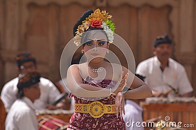 Balinese woman dancing Tari Pendet Dance in Bali Indonesia Editorial Stock Photo