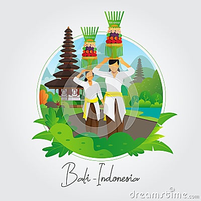 Balinese women carrying offering vector background Vector Illustration